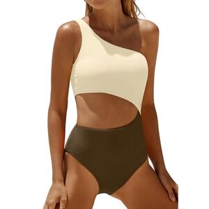 NWT Yonique OneShoulder Cutout Monokini Tummy Control Swimsuit Beige/Brown Large